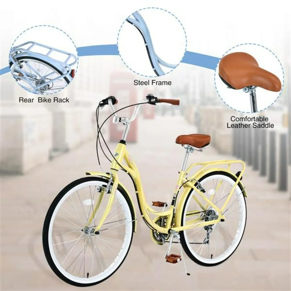 7 Speeds Steel Frame City Bike Commuter Bike for Women, Men, Seniors , Adjustable，yellow, 26 Inch Adult Cruiser Bicycle