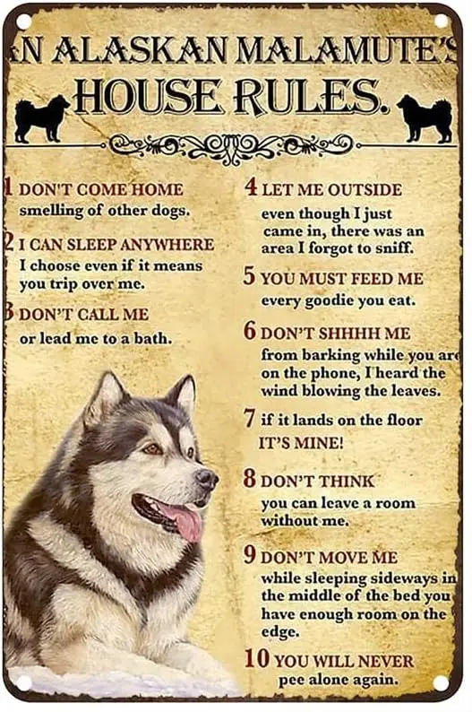 An Alaskan Malamute;S House Rules Dog Vintage Metal tin Sign Art Plaque Wall Decor Look Funny Gifts for Home Kitchen Garage Bath