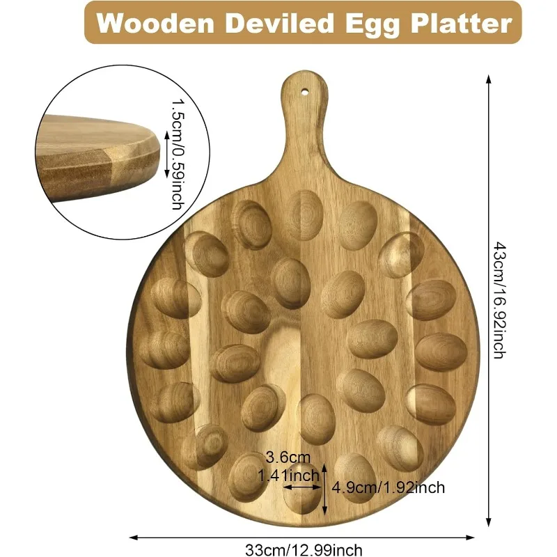 Deviled Egg Platter, 24 Slots Wooden Round Deviled Egg Tray Acacia Wood Egg Holder Serving Tray for Deviled Eggs Charcuterie Board for Kitchen Countertops