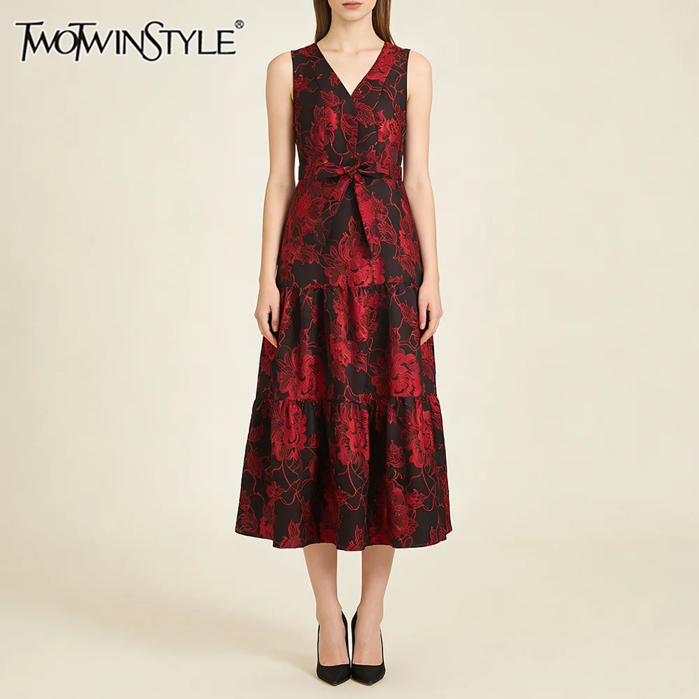 

Элегантные вечерние платья макси TWOTWINSTYLE с цветочным принтом для женщин, без рукавов, с V-образным вырезом, завязками на талии и многоярусной юбкой для праздничных вечеринок