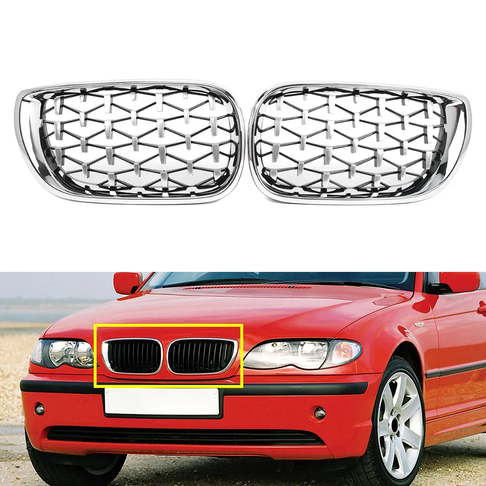 Diamond Style Car Front Grille Mesh Grill For BMW 3 Series E46 4 Door 2002 2003 2004 2005 Chrome ABS Plastic