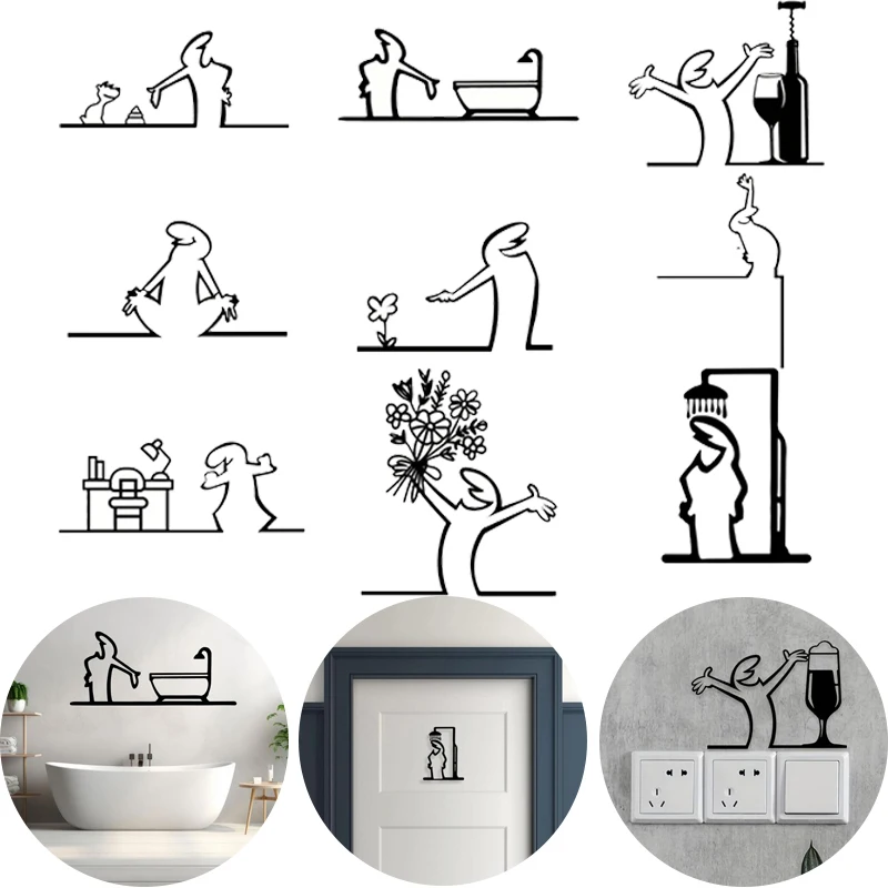 Figurine de douche noire, décoration murale, ligne minimaliste, signe de salle de bains en métal, signe d'art de porte rustique, décoration de porte amusante pour la maison