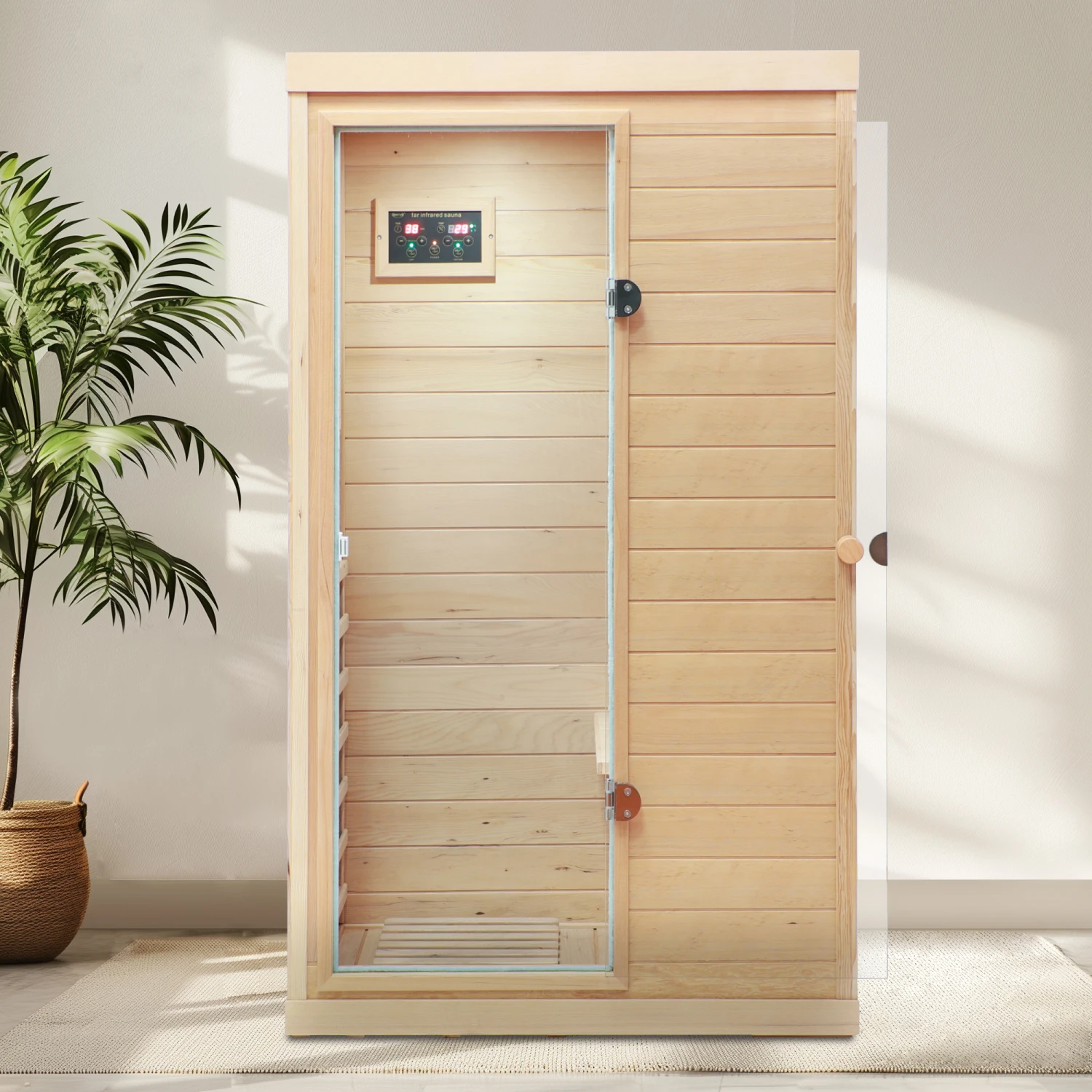 Hemlock Mini one person far infrared door on the left of the indoor sauna room