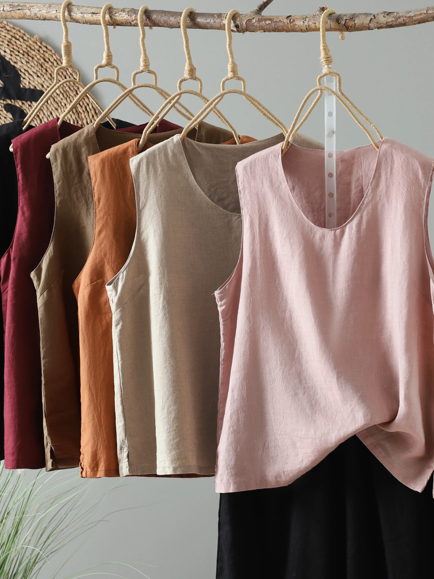 Canotta da donna retrò in cotone e lino giapponese, estiva, semplice, versatile, allentata, casual, con base in lino Svel