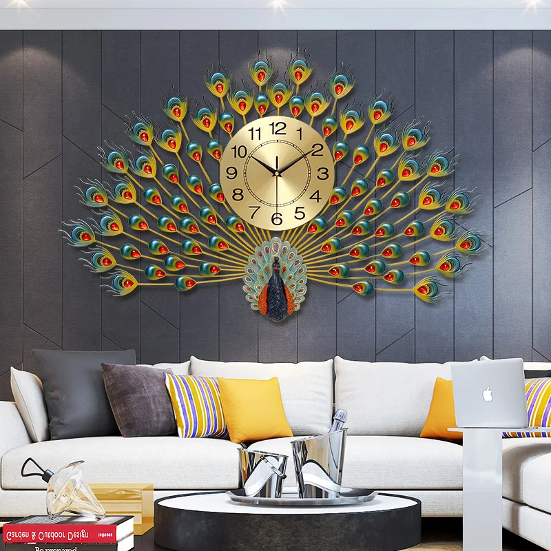 

Peacock Wall Clock Golden Design Silent Metal Wall Clock Big Size Quartz Battery Operated Horloge Murale Home Decorating Items