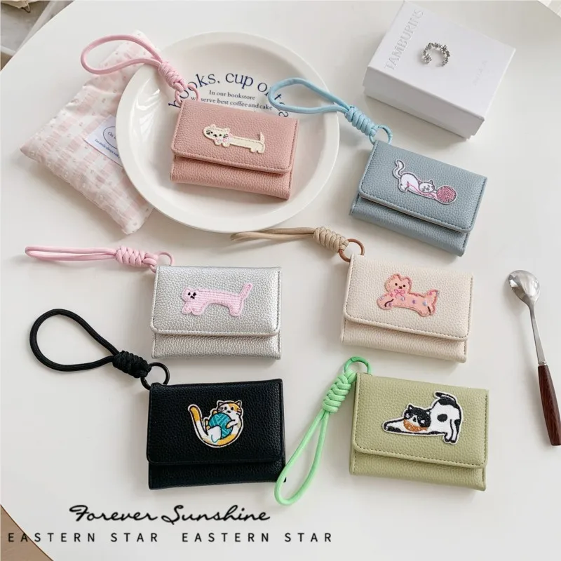 Cute cat lanyard wallet for women,simple ladies' coin purse,three-fold multi-slot card case,tarjeteros mujer,billeteras mujer