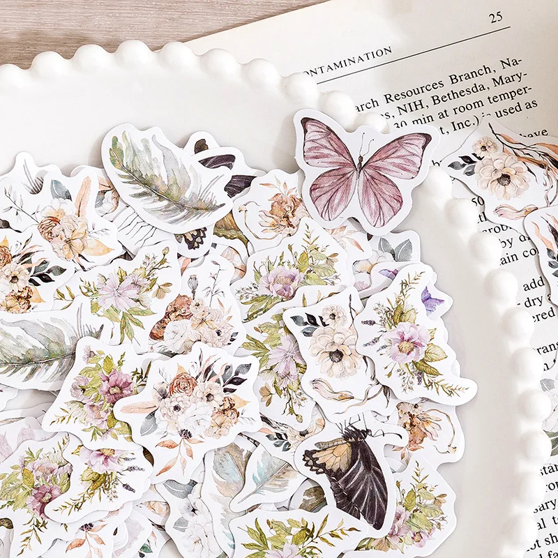 46pcs Fresh Flower Butterfly Decorative Boxed Stickers Scrapbooking Aesthetics Label Diary Stationery Album Journal Planner