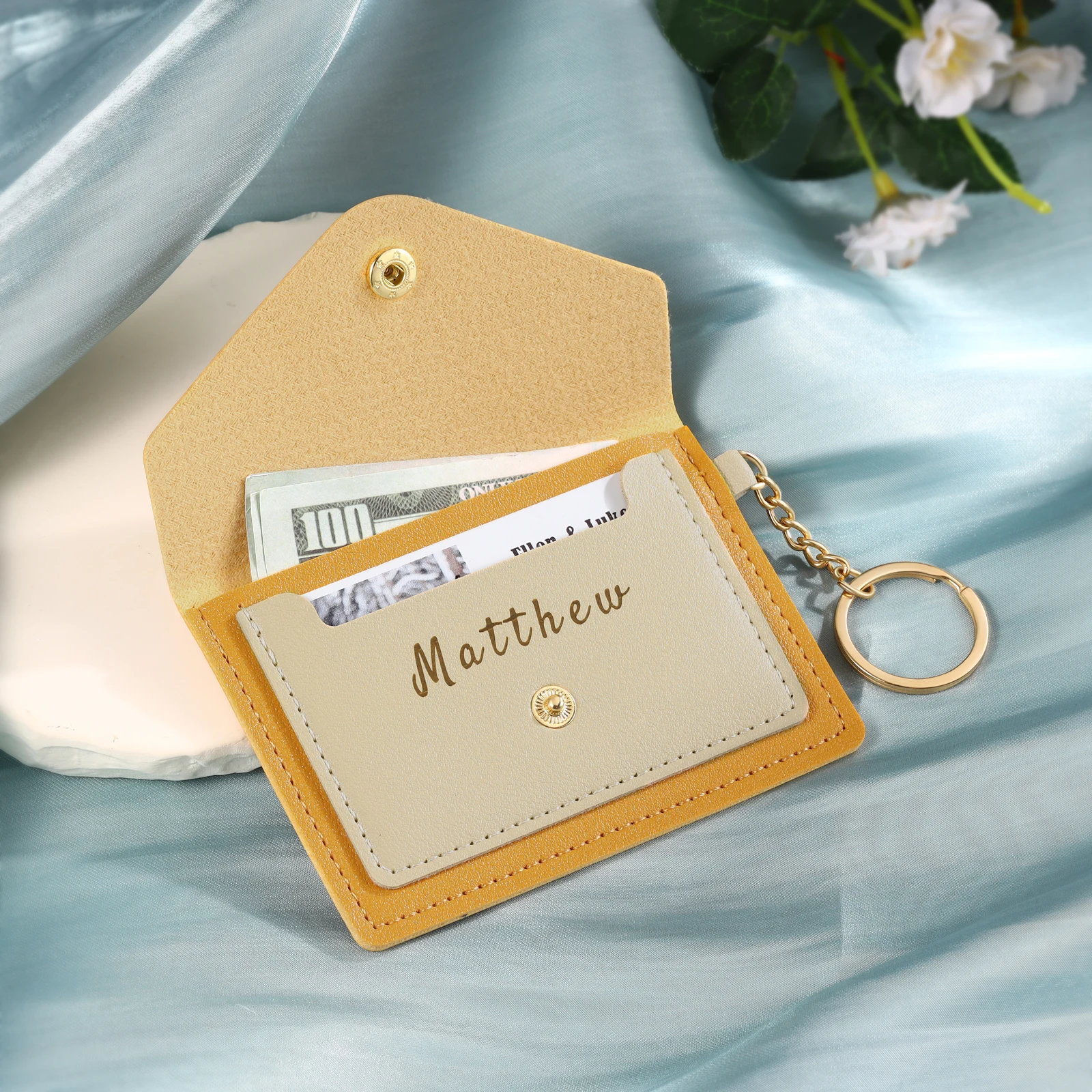 Customized Name Slim Minimalist Wallet Blocking Credit Card Holder for Women Luxury Keychain Key Ring