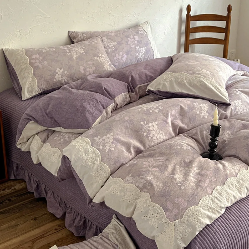 Cotton Original Hemp Retro Large Lace Printing Duvet Cover Pillowcase Skin-friendly Small Fresh Home Textile Four-piece Set