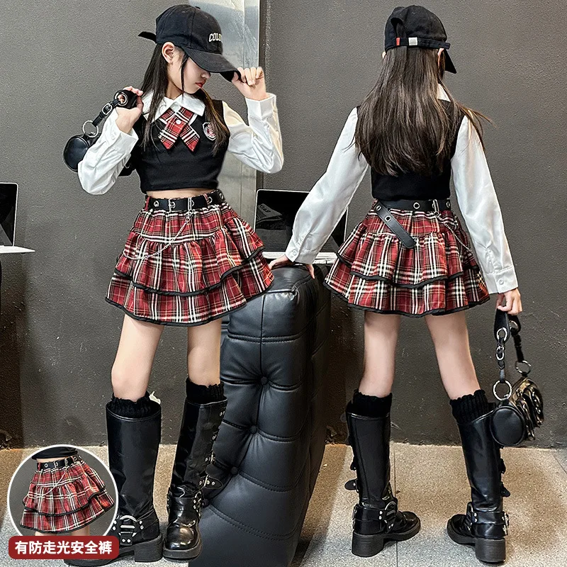 1pc 2025 spring street American children set teenager Girls Clothes crop top blouse shirt or checked JK pleated Skirt 4 10 Year