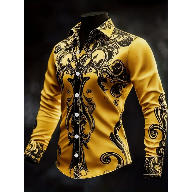 Men's Baroque Style Long Sleeve Shirt Black White Swirl Print Casual Party Night Out Fashion Men's Top