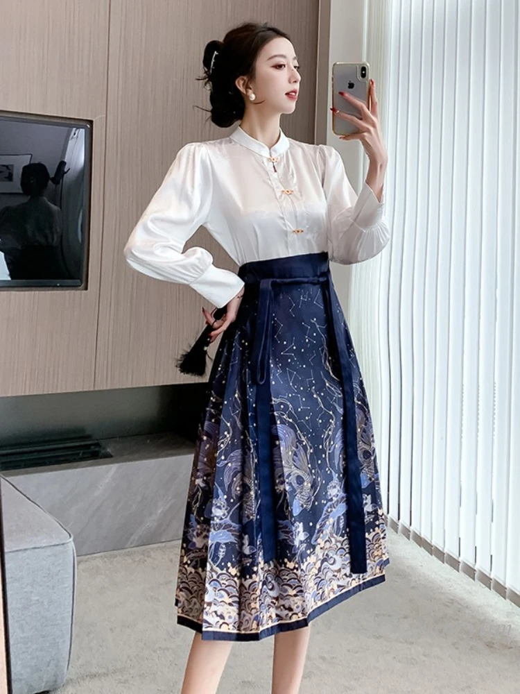 Daily Commuting Horse-Face Skirt Suit Women\'s 2024 Spring and Summer Outfits Two Piece Set New Chinese Style Blouse Hanfu Skirt