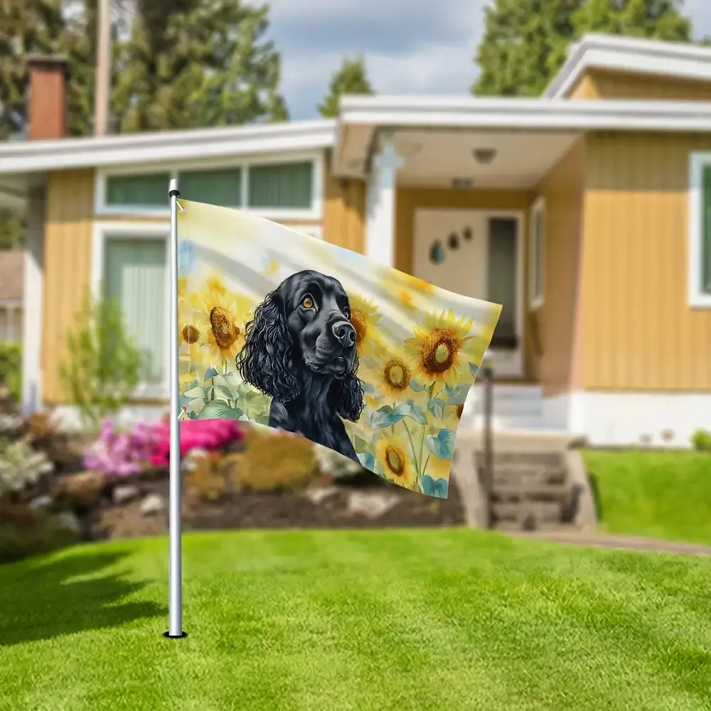 Black Cocker Spaniel Sunflower Garden Flag Outdoor Polyester Decorative House Banner