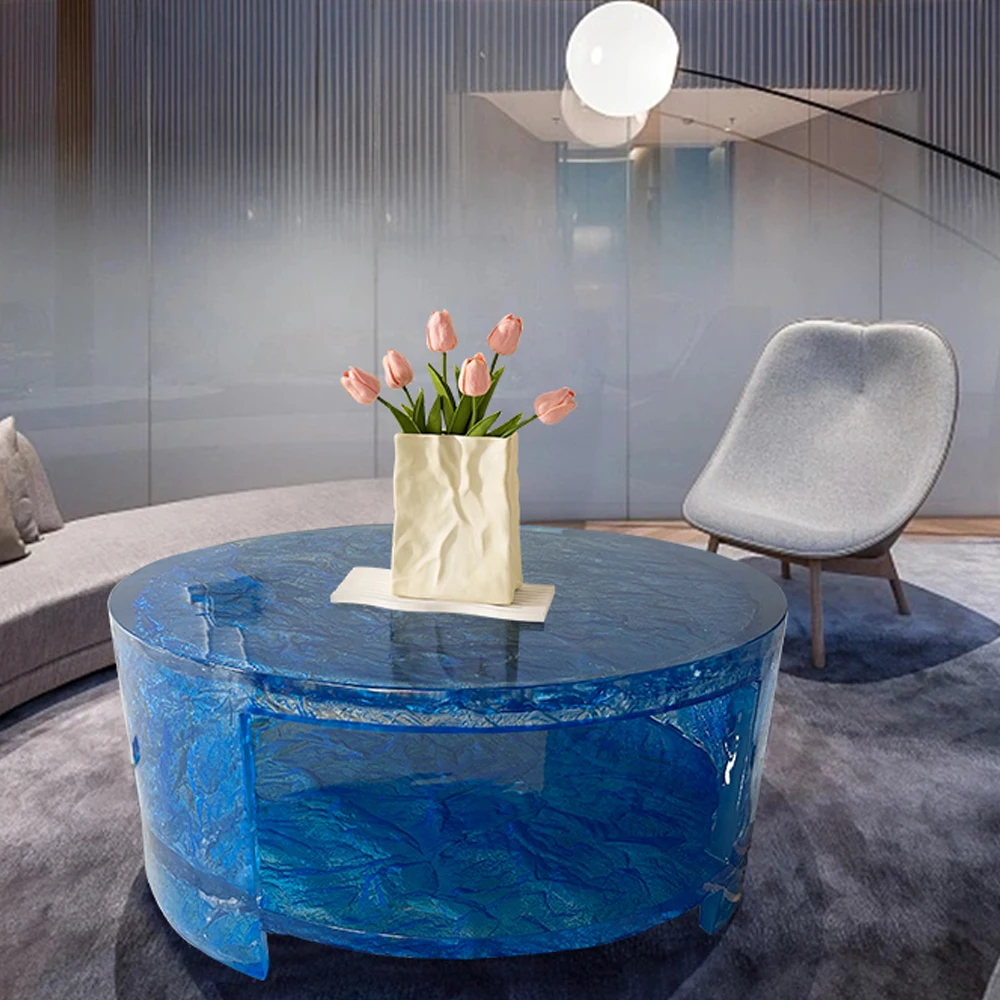 *  Luxury Modern Blue Ocean Crystal Eco-Friendly Storage Coffee Table Living Room High Grade Art Home Villa Transparent Resin