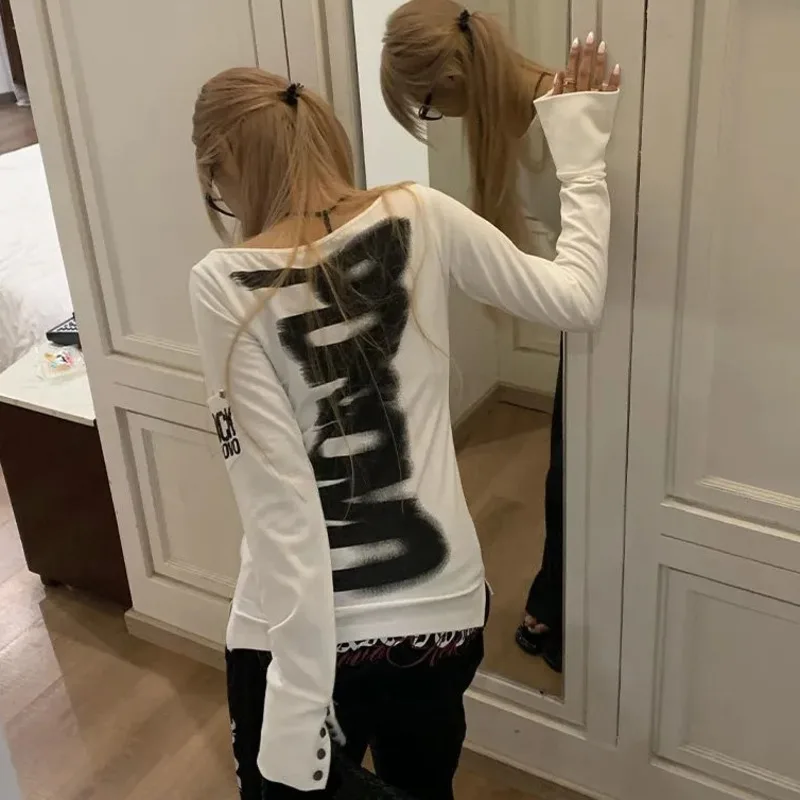 

Patchwork Geometric Print Y2k Slim T-shirt Women Off Shoulder Harajuku Crop Top Rivets Gothic Long Sleeve Tees Japanese Top Girl