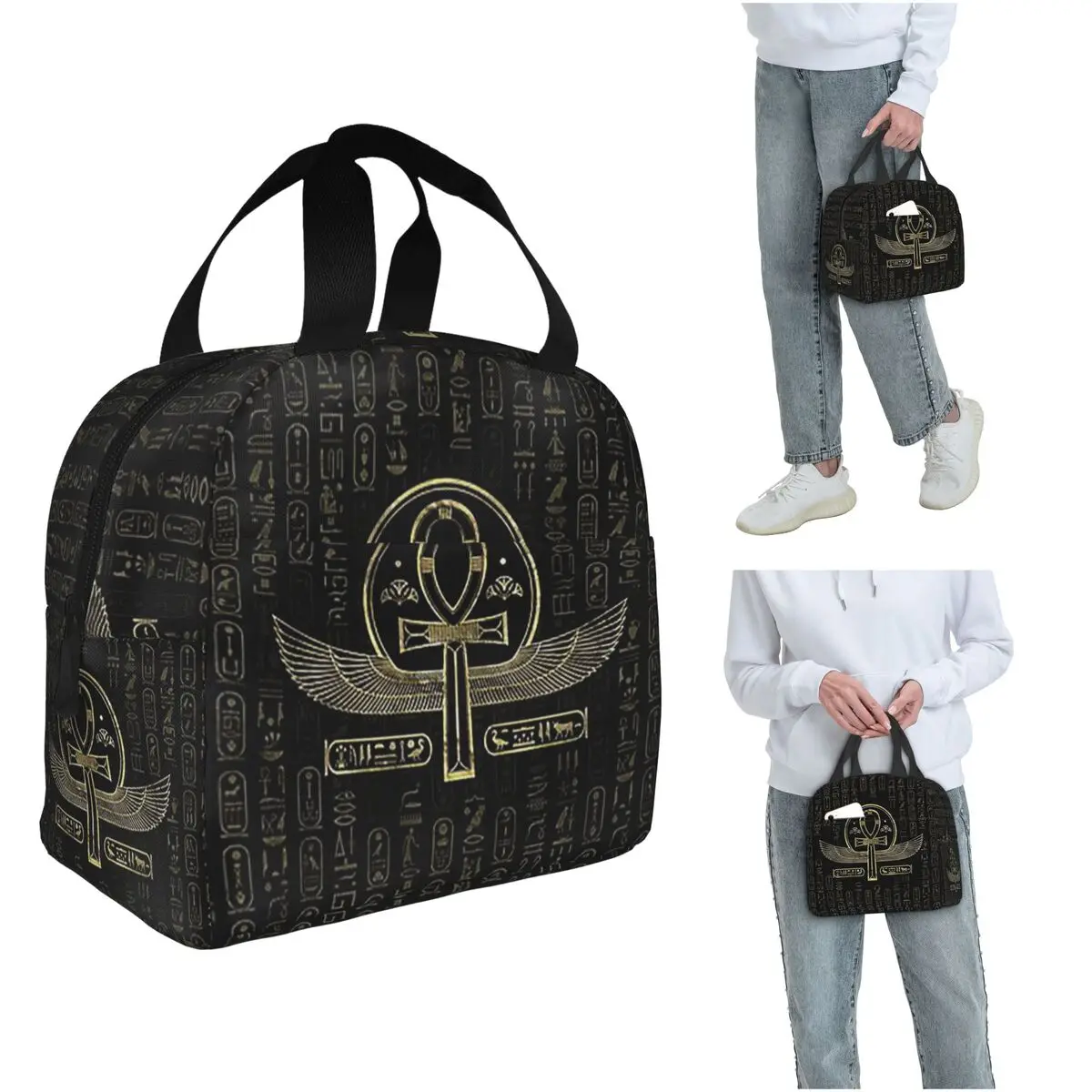 

Изолированная сумка для обеда с египетским крестом Анкх золотого и черного цвета для женщин и детей, герметичные контейнеры для еды, термосумка для обеда