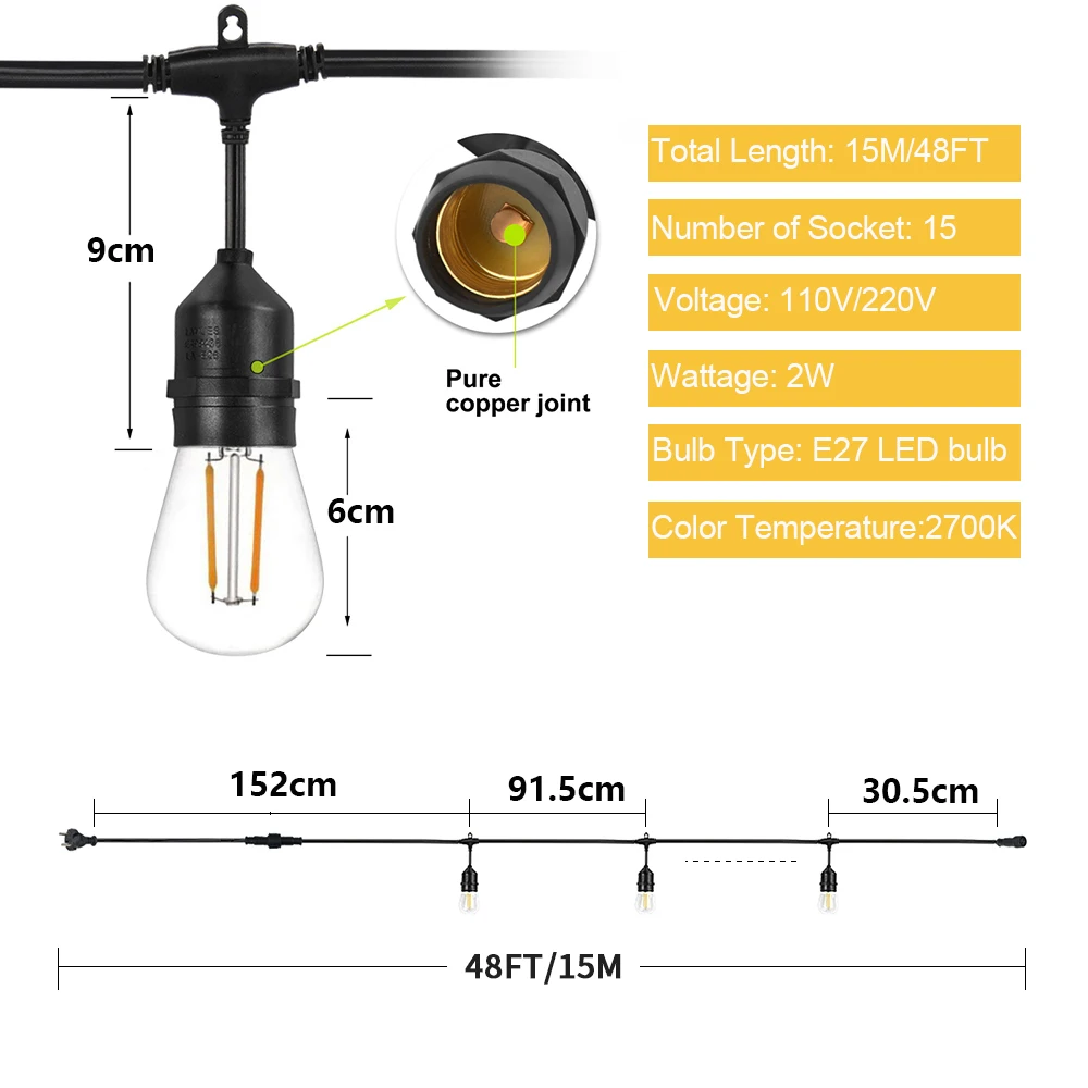 S14 15M LED String Light IP65 Garlands Outdoor Light Garland Retro Wedding Backyard Decoration Garden Light String