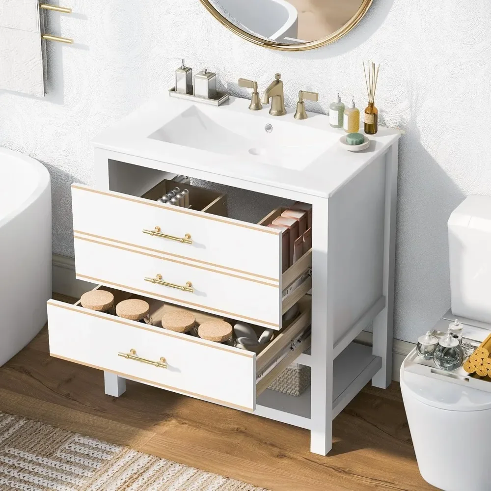 30 Inch Bathroom Vanity, Sink Combination Set, Ceramic Sink Under The Table, Multifunctional Storage Cabinet, White