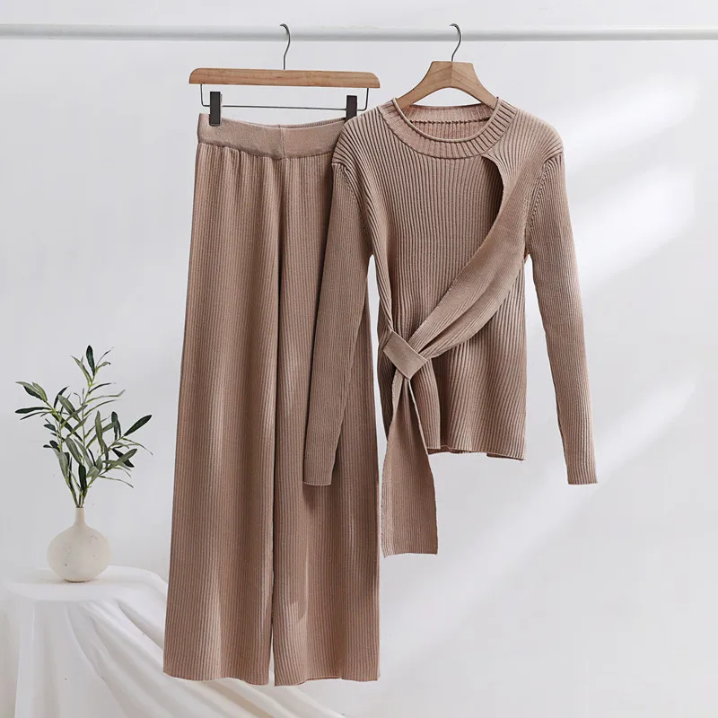 Chic Design Knitted 2 Pieces Sets Women O-neck Long Sleeve Pullover Tops Conjuntos Korean High Waist Wide Leg Pants Ensembles