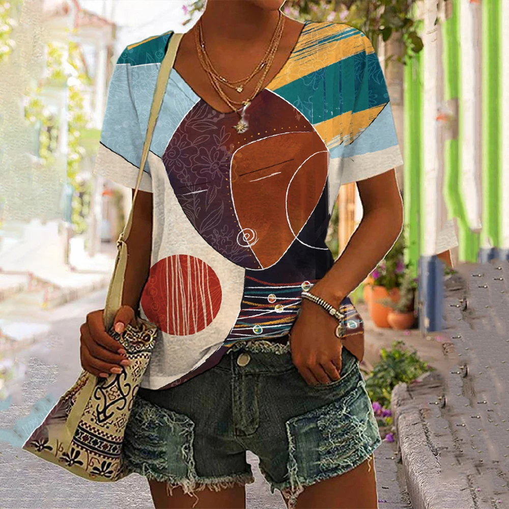 Vintage Africa Independent Women Pattern Short Sleeves T shirt Designer Art V-neck Women's T-shirts Summer Loose Pullover Tops