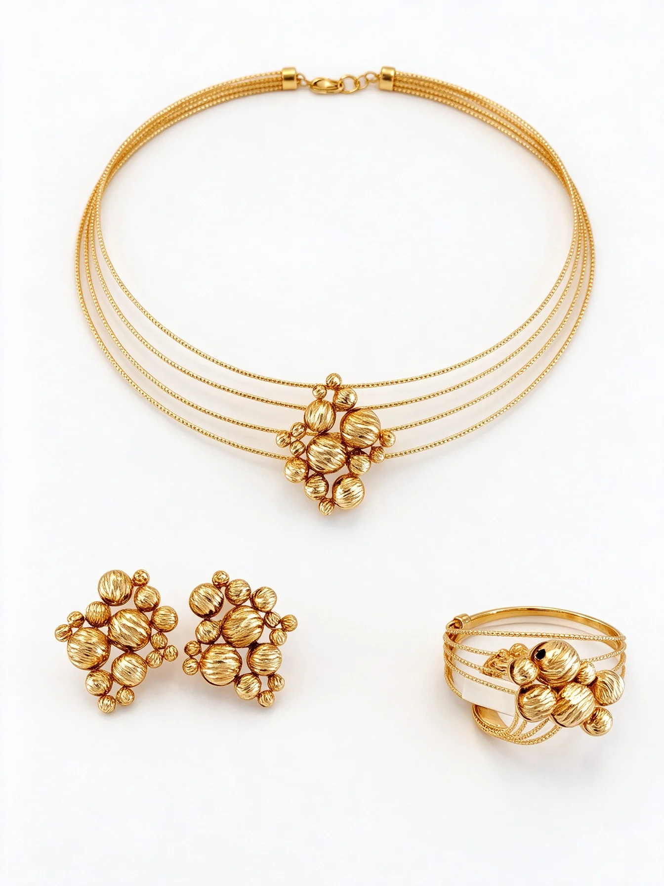 4Pcs Multi-layer Wire Beaded Cluster Jewelry Set Women Textured Ball Statement Necklace Earrings Cuff Bangle Open Ring Wedding