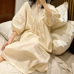 Vintage Pure Cotton Long Night Dress Women Spring Autumn Nightie Loose Robe Victorian Nightgowns Princess Sleepwear Nightdress