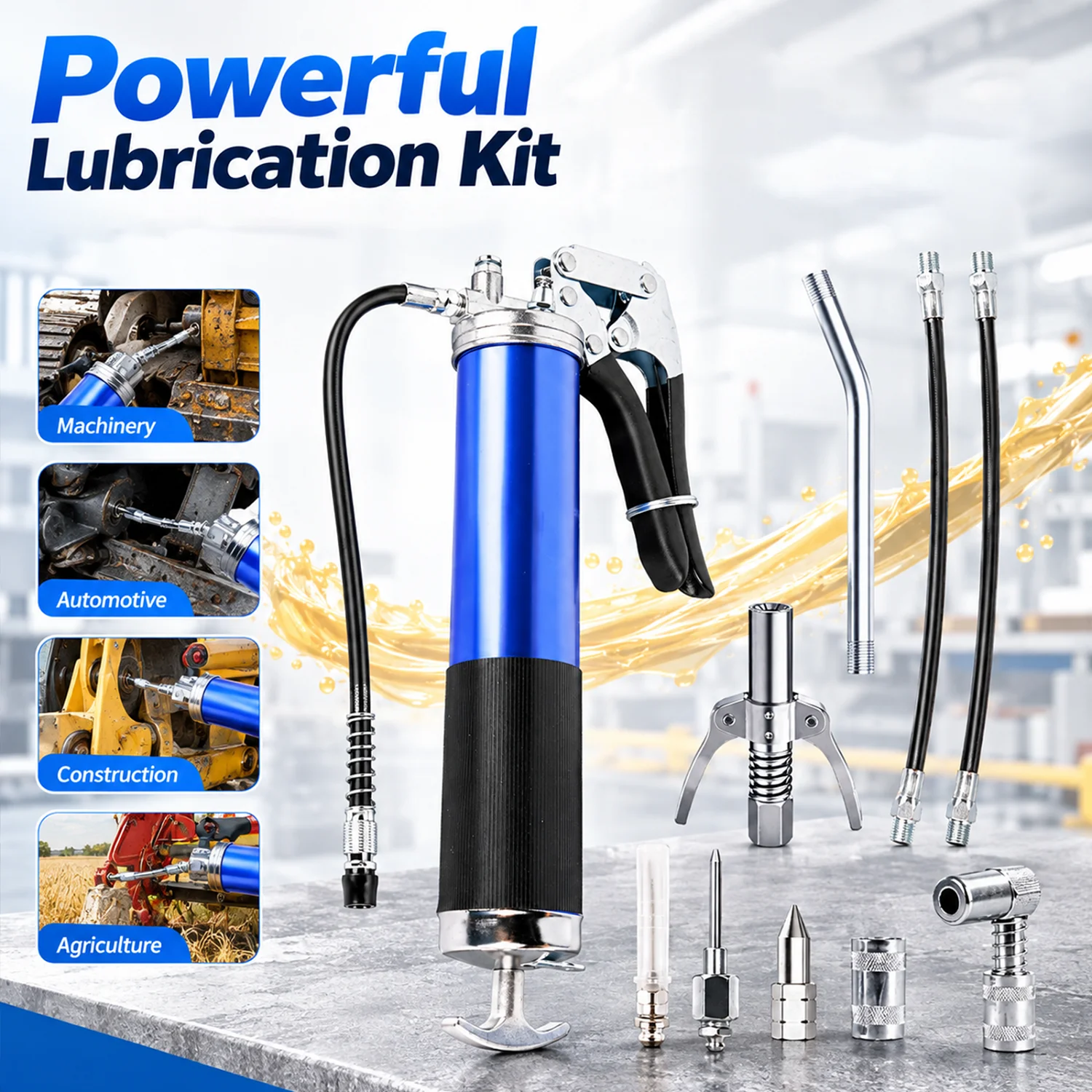Kit Pistola Ingrassatrice 11 Pezzi 8000 PSI, Set Pompa Ingrassatrice Professionale con Impugnatura a Pistola, Raccordi Zerk e Ugelli per Lubrificazione di Auto, Trattori e Macchinari