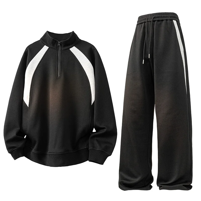 Men's and women's half-zipped hoodies, long-sleeved two-piece sportswear, patchwork stand-up collar hoodies + straight-leg pants