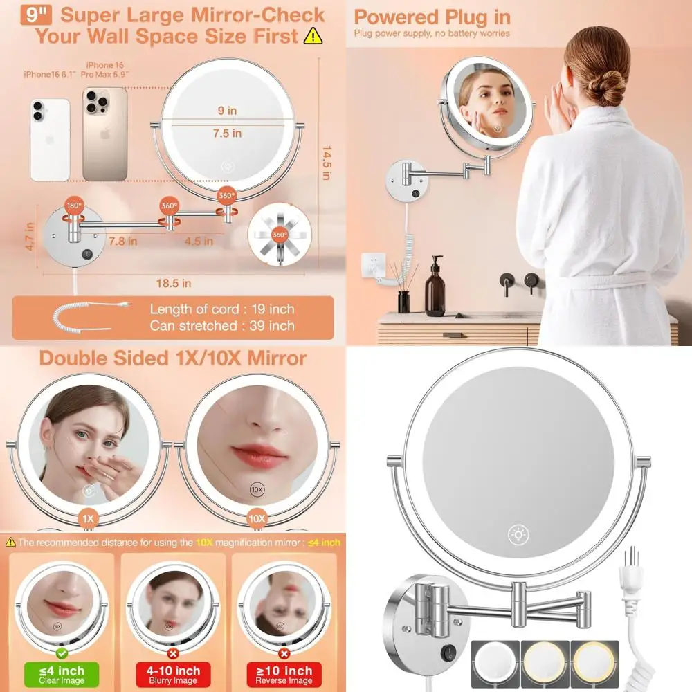 

9 Dual-Sided LED Lighted Makeup Mirror, 1X/10X Magnification, Touch-Dimmable, 360° Rotating Arm, Silver