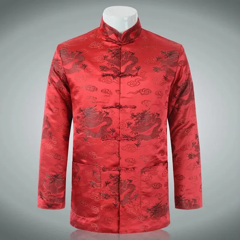 Tang Suit Goden Dragon Coats for Men Cheongsam China Traditional Silk Embroidery Dragon Chino Satin Jacket Tops Homme Haut