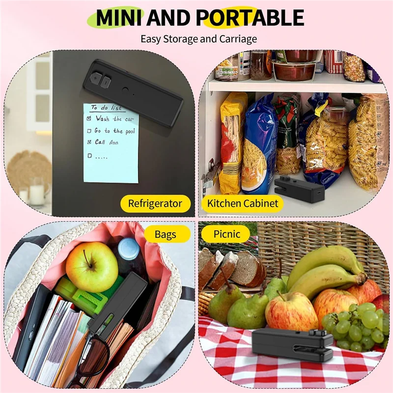 Bag Sealer , 3 In 1 Mini Bag Sealer Heat Seal With Cutter &Magnet,Rechargeable Mini Chip Bag Vacuum Sealer Machine Black Durable
