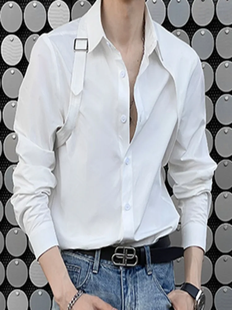 

Tuxedo Shirt Social Shoulder Strap Splicing Metal Button Design Men's British Fashion Slim Trend Men Long Sleeve