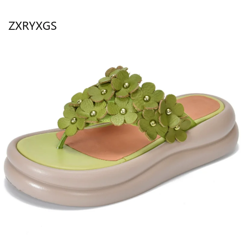 

ZXRYXGS Top Cowhide Real Leather Flip Flops Women Flowers Sandals 2026 New Summer Outerwear Slippers Platform Heighten Slippers