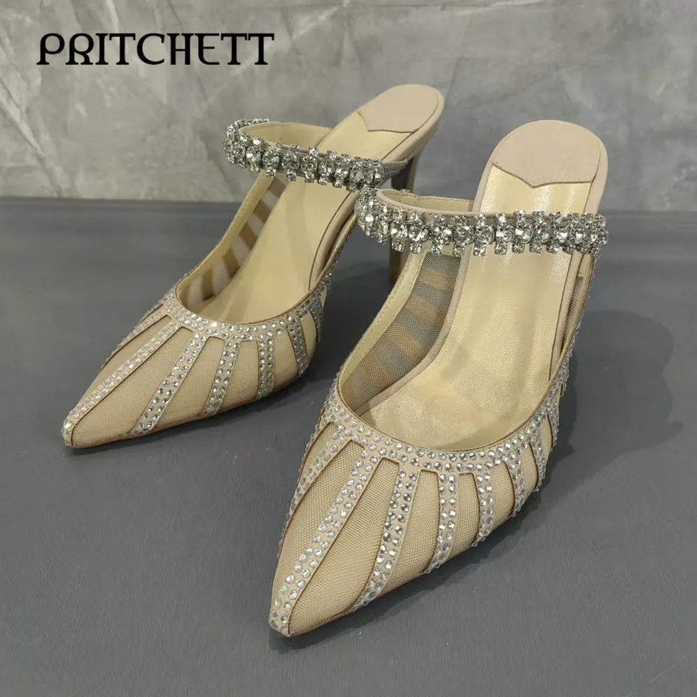 Rhinestone Mesh Pointed Slippers Crystal One-Strap Slip-On Stiletto Sandals Luxury Temperament Large Size Elegant Women's Shoes