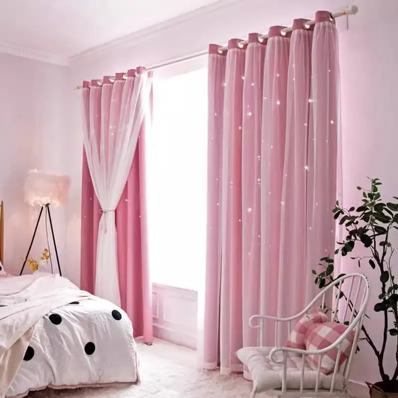 

Hollow Star Curtains same lace curtains, dreamy princess wind high-black-shading double-layer curtains finished