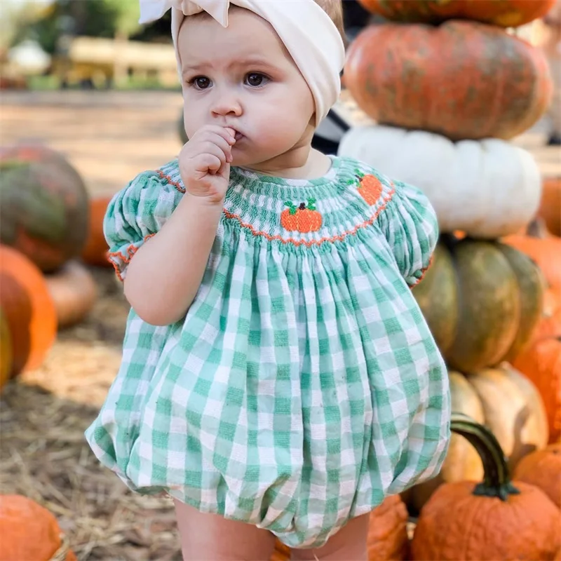 

0-3Y Baby Halloween Fall Rompers Pumpkin Embroidered Plaid Print Smocked Ruffled Short Sleeve Round Neck Jumpsuits Bodysuits