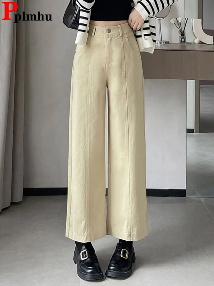 

Spring Fall Loose Straight Pants Korean Fashion High Waist Solid Wide Leg Pantalones Women Casual Classic Ankle Length Spodnie