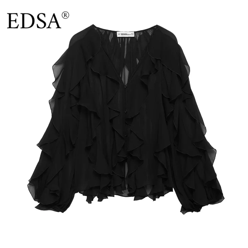 EDSA 女性半薄手のフリルシャツ V ネック長袖ブラウスボタンアップフロントファッション女性トップ