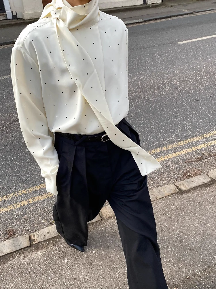 وشاح من الساتان الرقبة البولكا نقطة الطباعة المرأة بلوزة موضة كم كامل فضفاض الأساسية قميص سيدة الخريف جديد Highstreet تخفيف ارتداء #4