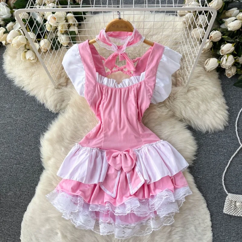 Franse Zoete Jurk Roleplay Meid Kostuum Lolita Schattige Rok Strik Kawaii Lingerie Cosplay Kant Dienaar Uniform Verleiding Charme Set