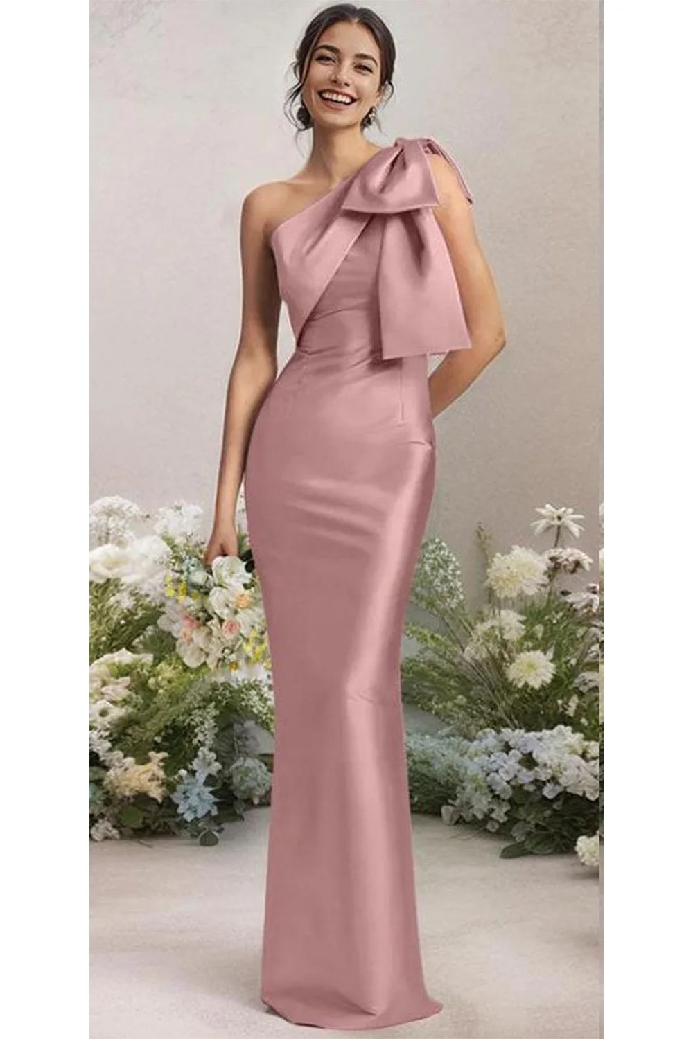 

Customized Elegant Evening dresses 2025 Sheath One Shoulder Satin Floor length Big Bow After Slit Prom Dresses Formal Dresses