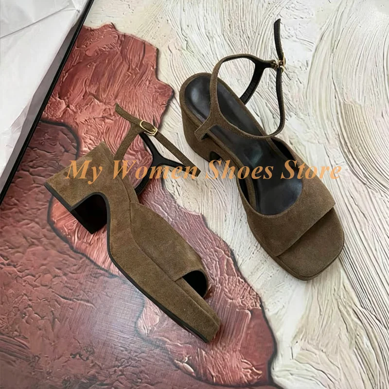 Chunky Heel Square Toe Suede Sandals Ankle Buckle Strap Brown Black Real Picture Handmade Runway 2026 Summer Women Dress Shoes