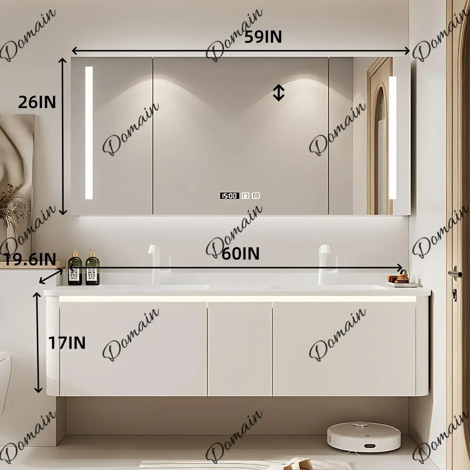 BXY 64IN Luxury Bathroom Vanity With Double Sinks - Modern Suspended Bathroom Vanities, Intelligent Defogging, LED Lamp & Time D