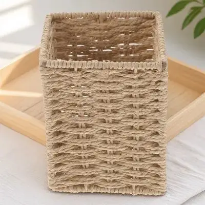 

Woven Storage Basket Small Sundries Container Desk ganizer Handmade Paper Rope Iron Frame Pen Holder Desktop Trash Can Lid Tea