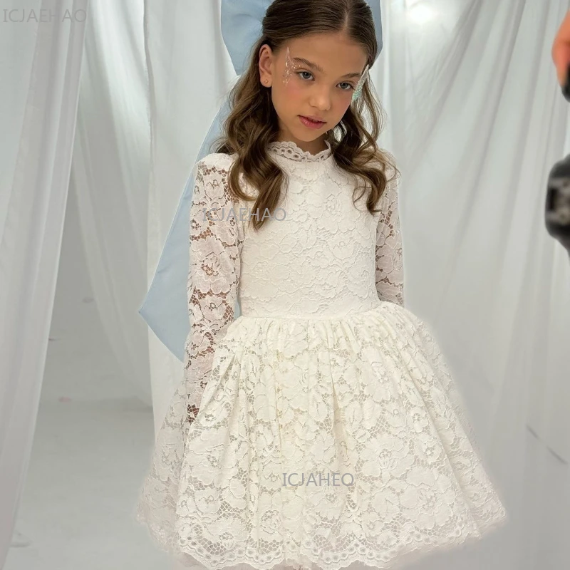 White Kids Lace Girls Dress Long Sleeve Princess Gown Formal Dress Flower Girl Children Costume Party Celebration Evening Lace