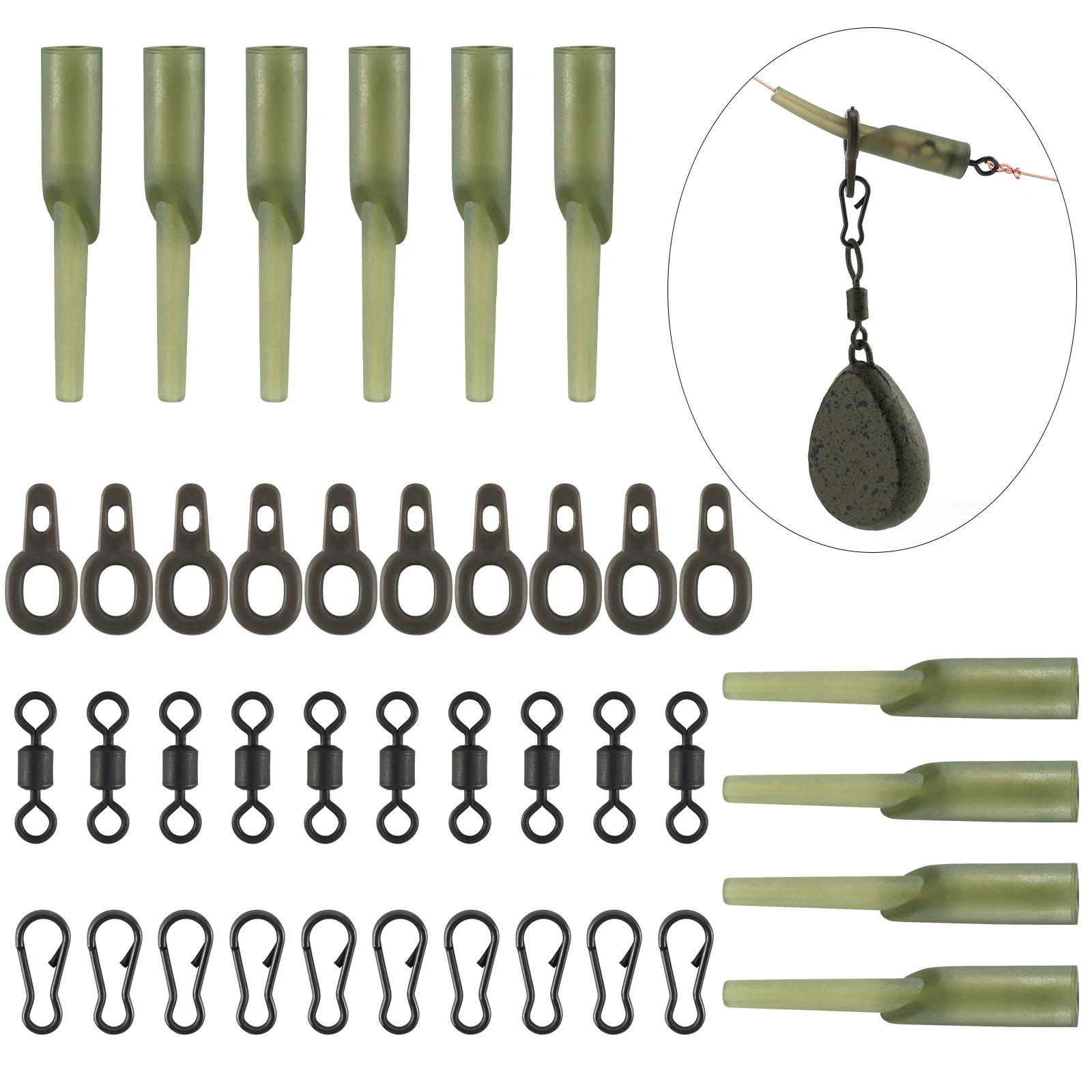 Kit accesorios pesca carpa – Anillas, clips y aparejos ángulo en goma