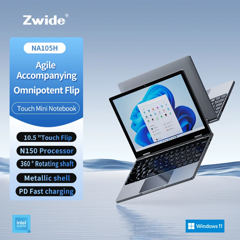 Zwide Mini Laptop Tablet 2-w-1 10,5-calowy Intel N150 (do) 3,6 GHz Windows 11 Laptopy