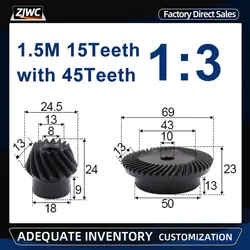 1set 45# Steel 1.5M 15T To 45T Spiral Bevel Gear M1.5 Modulus 1:3 90 Degrees Differential Gear Same Ratio Diameter 8mm 10mm Hole