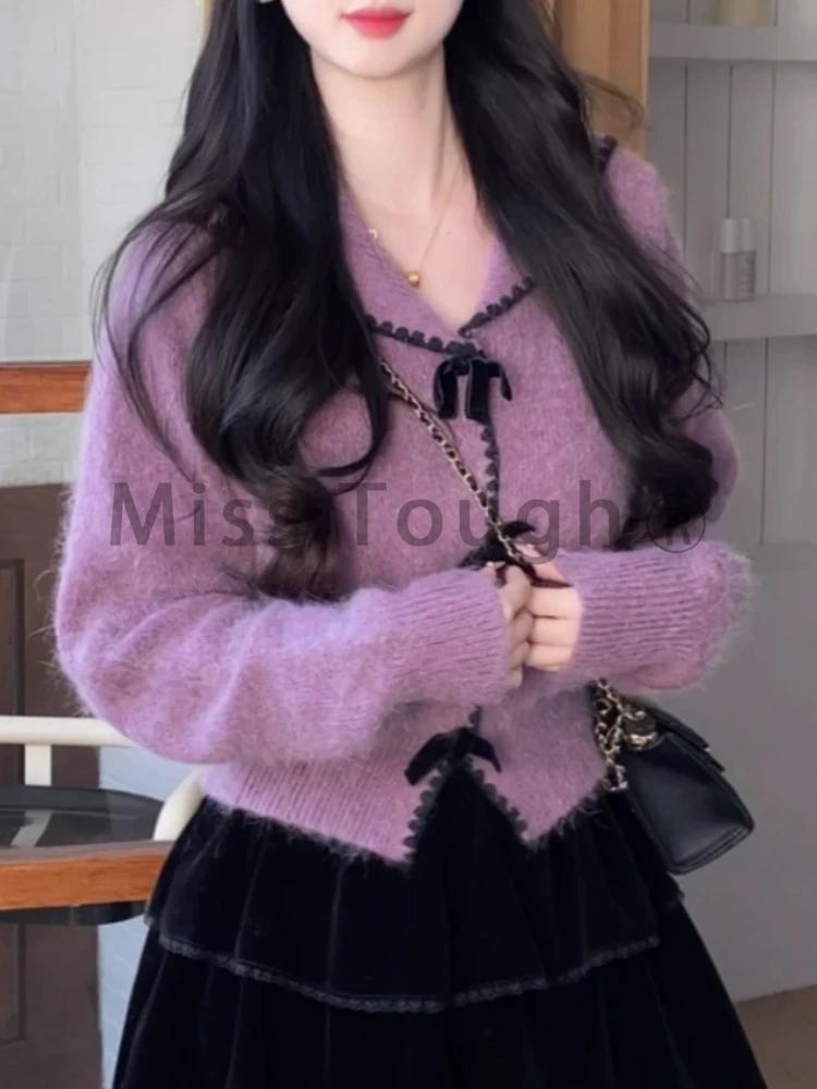 Korean Fashion Knit Autumn Winter Sweet 2 Piece Sets Purple Knitted Cardigan + Pleated Black Skirt New Casual Preppy Style Suits