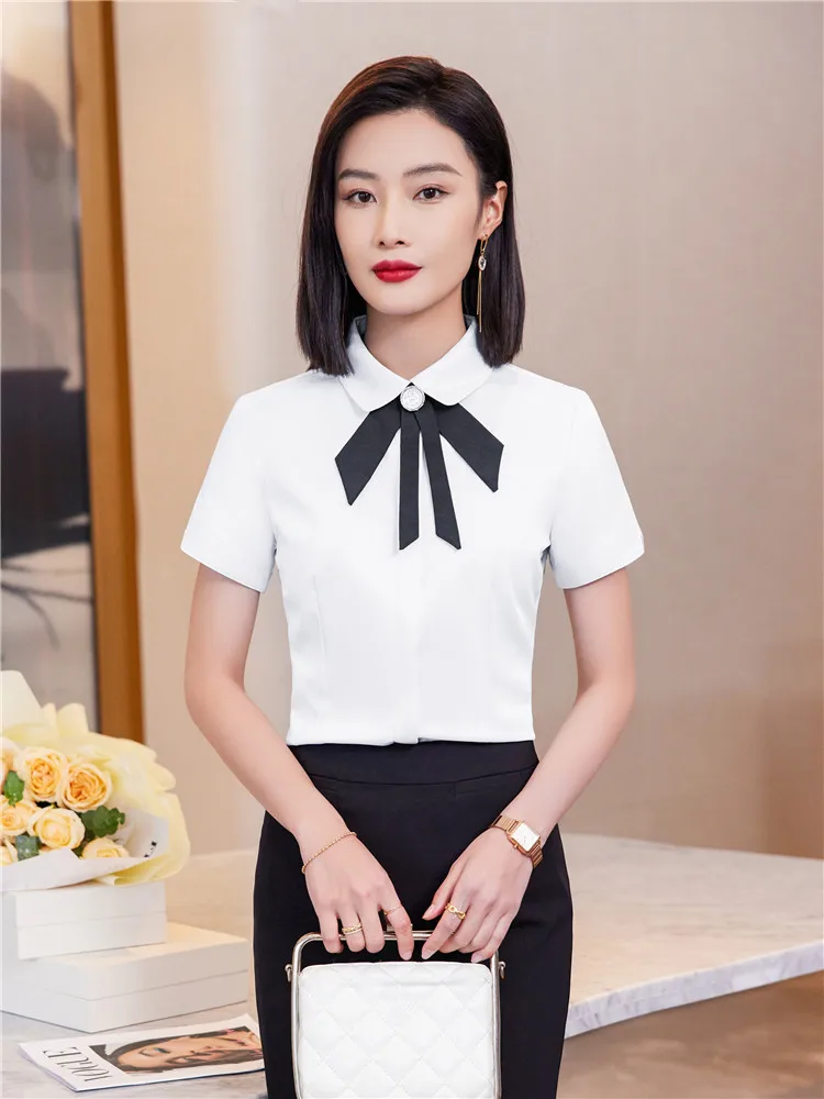 Women\'s White Short Sleeve Blouse Simple Workwear Chic Shirt Detachable Bow Tie Light Blue Top Work Clothes Summer 2023